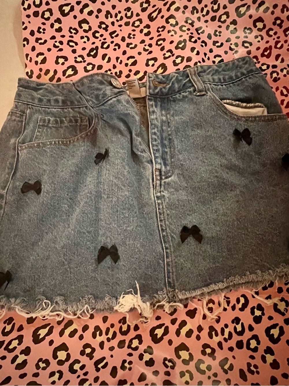 Forever 21 Blue Denim Mini Skirt with Blackii Bow Details